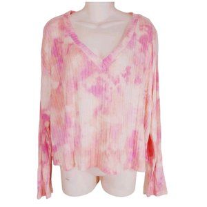 Victoria Secret Ribbed Vneck Top Large L Long Sleeve Shirt Pink Tie Dye New